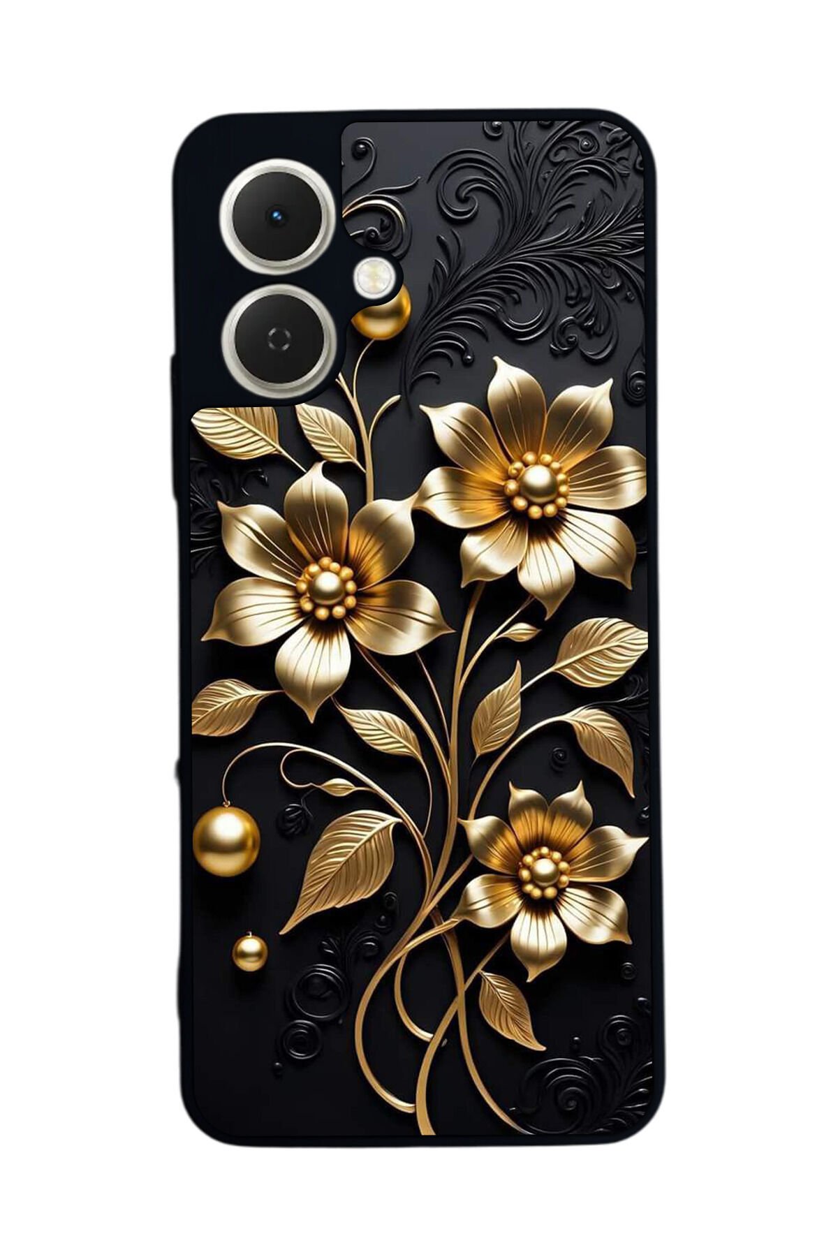 Tecno Spark GO 2 Uyumlu Yaldizli Cicek Tasarımlı Glossy Premium Kılıf