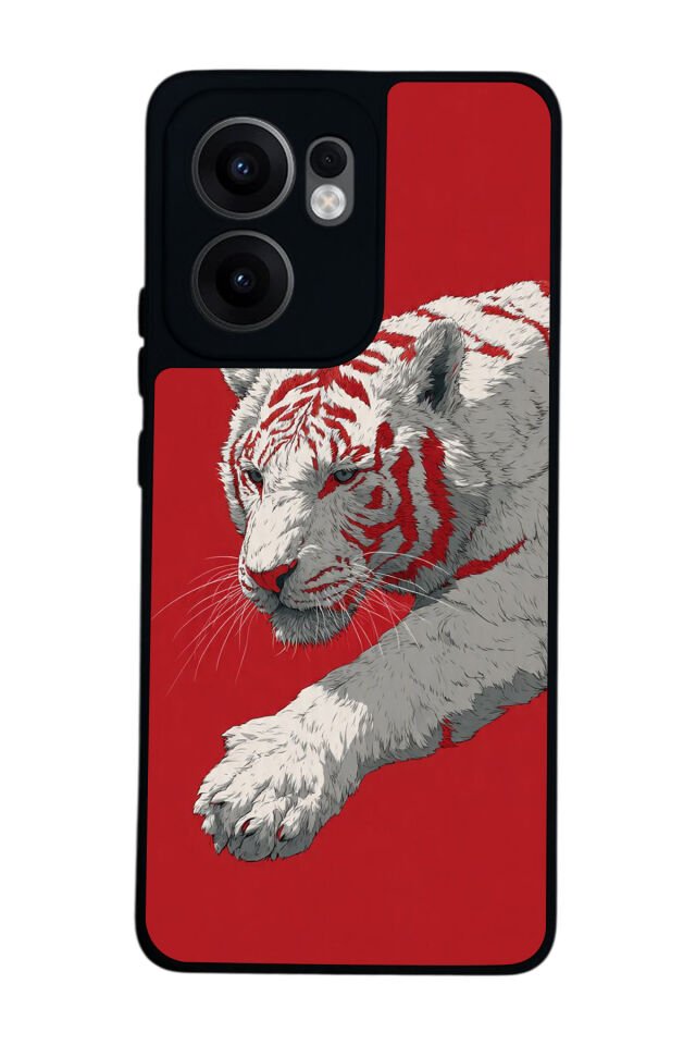 Oppo Reno 13F Uyumlu Kirmizi ve Kaplan Tasarımlı Glossy Premium Kılıf