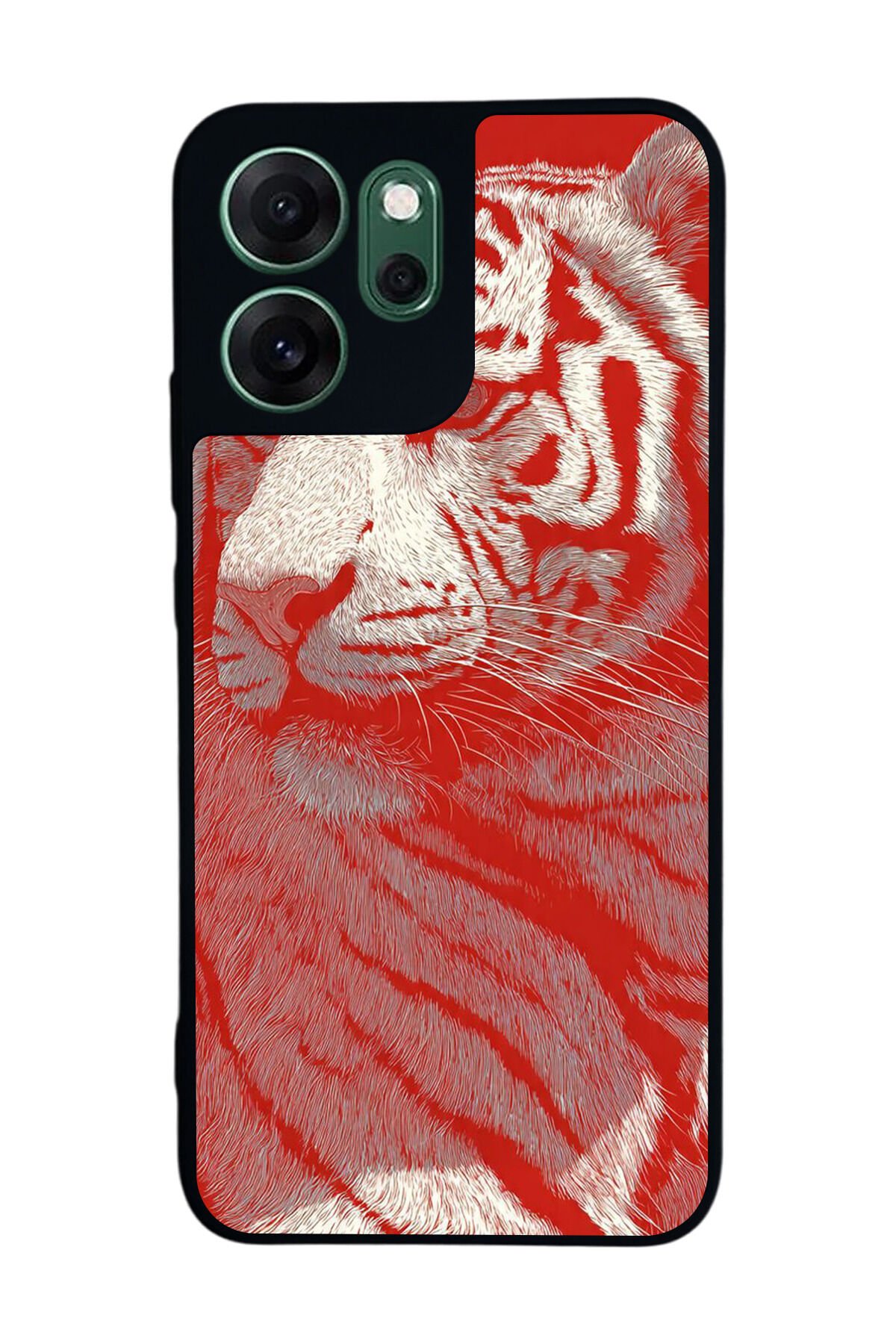 Oppo Reno 14F Uyumlu Kirmizi ve Kaplan Tasarımlı Glossy Premium Kılıf