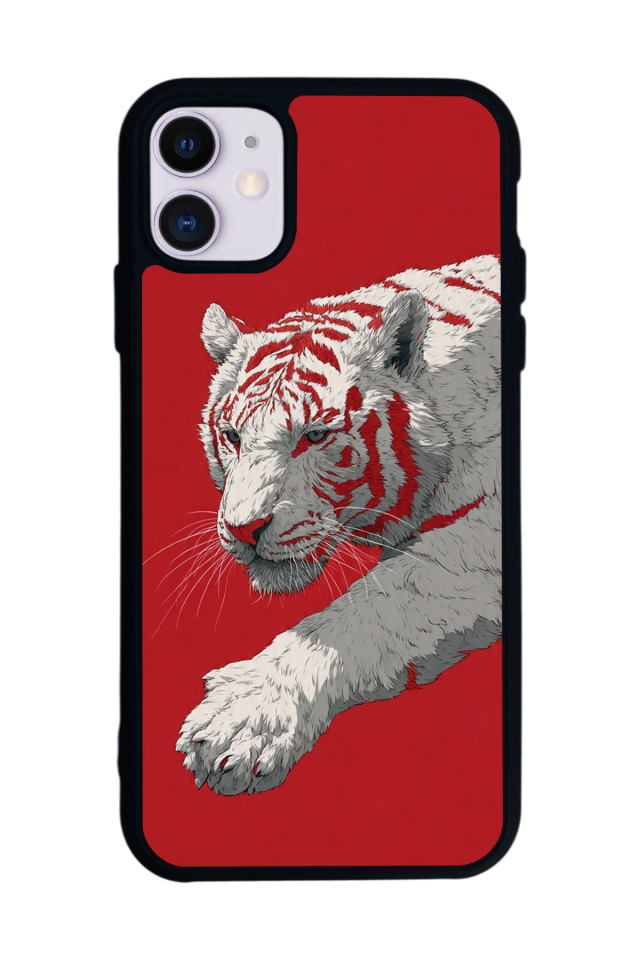 iPhone 11 Uyumlu Kirmizi ve Kaplan Tasarımlı Glossy Premium Kılıf