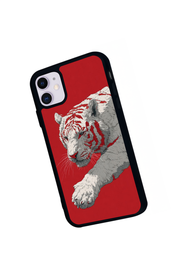 iPhone 11 Uyumlu Kirmizi ve Kaplan Tasarımlı Glossy Premium Kılıf