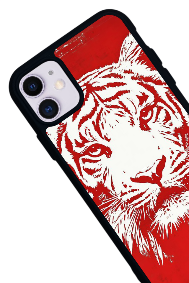 iPhone 11 Uyumlu Kirmizi ve Kaplan Tasarımlı Glossy Premium Kılıf