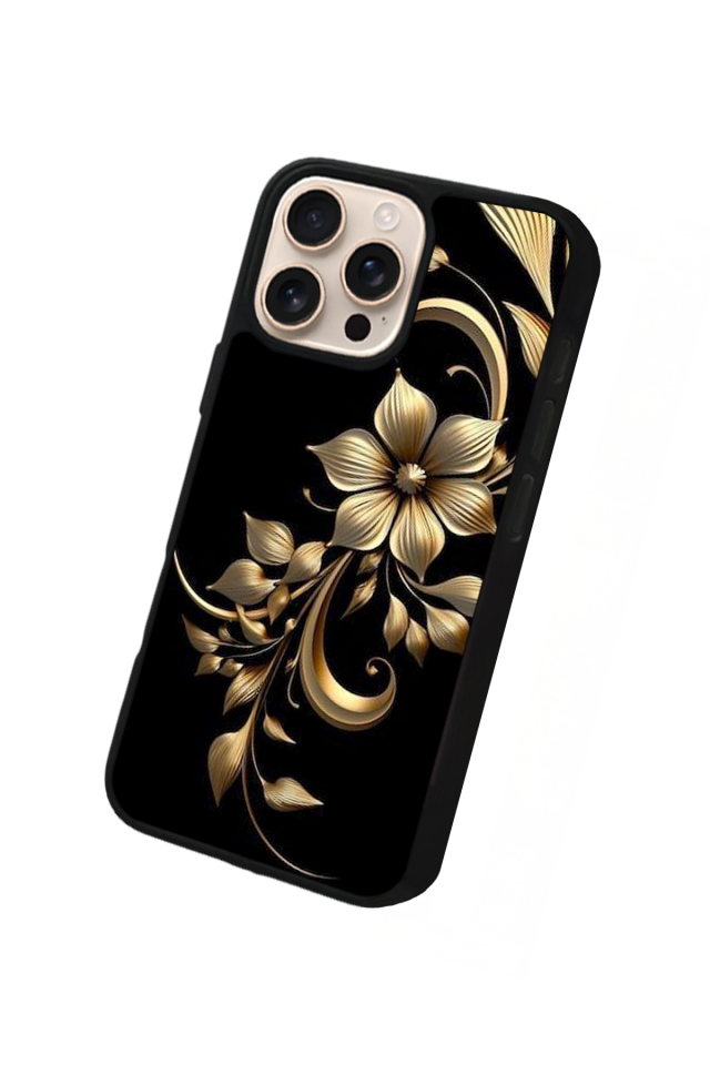 iPhone 14 Pro Uyumlu Yaldizli Cicek Tasarımlı Glossy Premium Kılıf