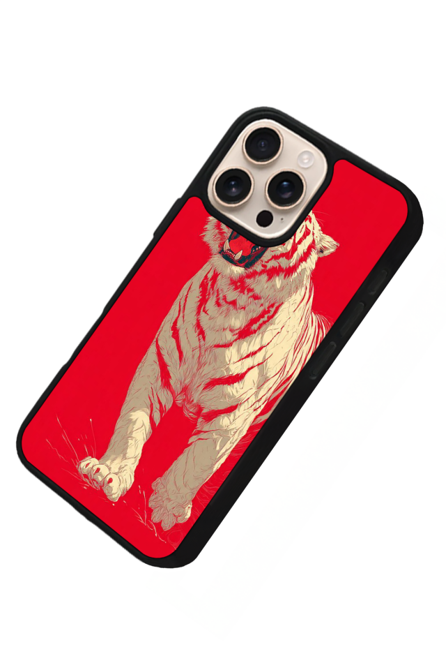 iPhone 14 Pro Uyumlu Kirmizi ve Kaplan Tasarımlı Glossy Premium Kılıf