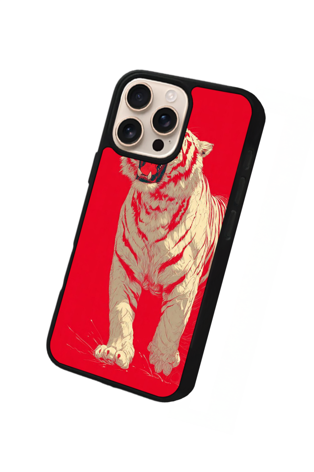 iPhone 14 Pro Uyumlu Kirmizi ve Kaplan Tasarımlı Glossy Premium Kılıf