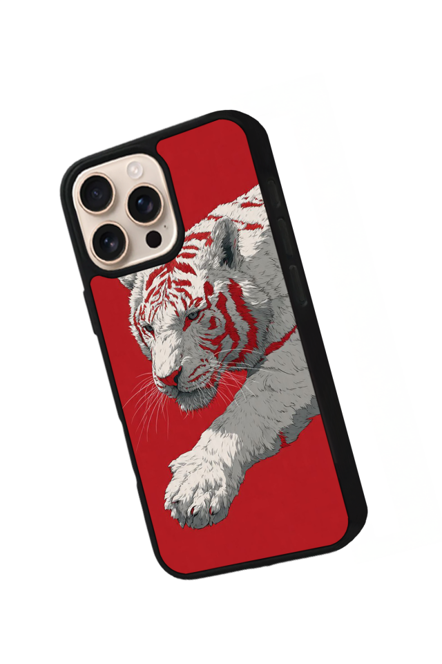 iPhone 14 Pro Uyumlu Kirmizi ve Kaplan Tasarımlı Glossy Premium Kılıf