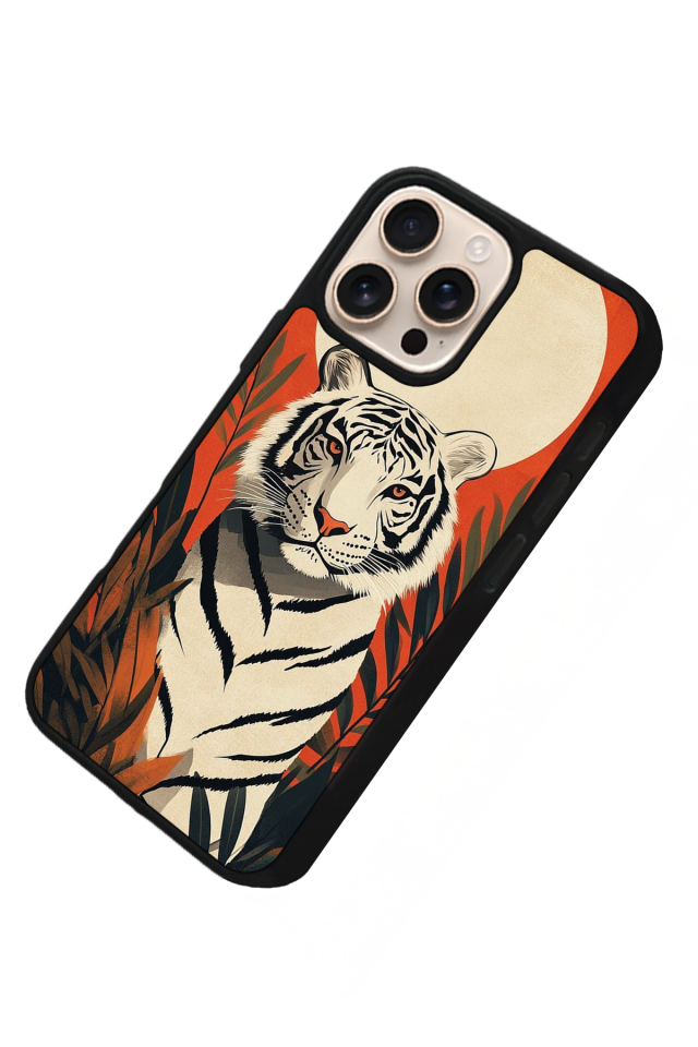 iPhone 14 Pro Uyumlu Kirmizi ve Kaplan Tasarımlı Glossy Premium Kılıf