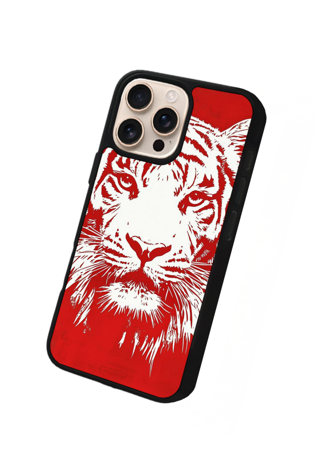 iPhone 14 Pro Uyumlu Kirmizi ve Kaplan Tasarımlı Glossy Premium Kılıf