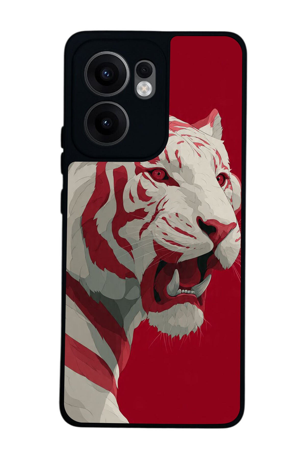 Oppo Reno 13F Uyumlu Kirmizi ve Kaplan Tasarımlı Glossy Premium Kılıf