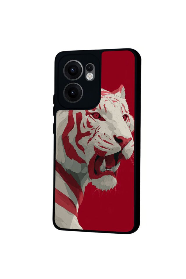 Oppo Reno 13F Uyumlu Kirmizi ve Kaplan Tasarımlı Glossy Premium Kılıf