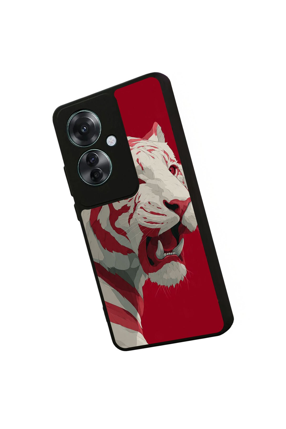 Oppo Reno 11F Uyumlu Kirmizi ve Kaplan Tasarımlı Glossy Premium Kılıf