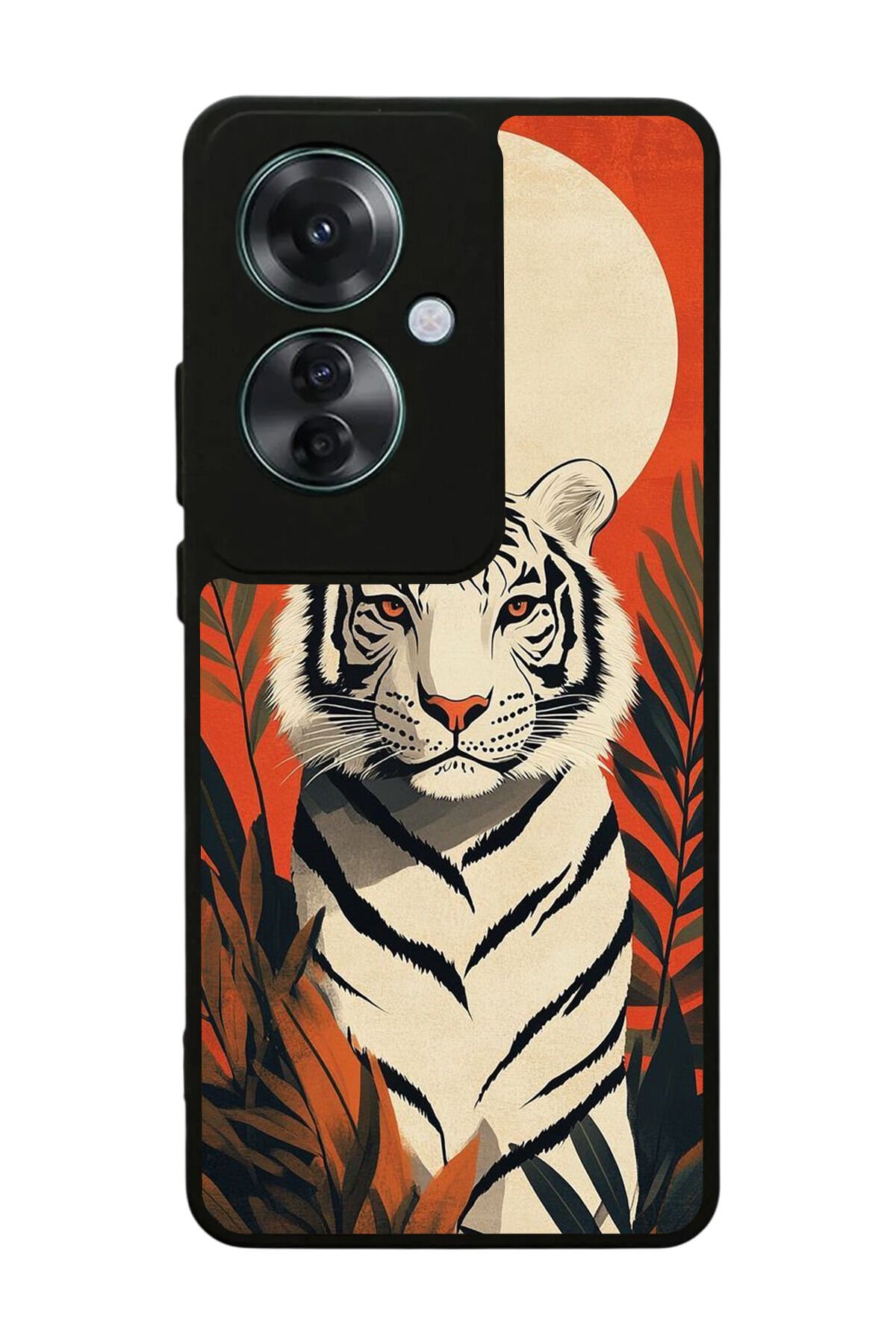 Oppo Reno 11F Uyumlu Kirmizi ve Kaplan Tasarımlı Glossy Premium Kılıf