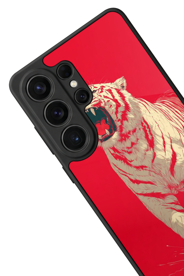 Samsung Galaxy S26 Ultra Uyumlu Kirmizi ve Kaplan Tasarımlı Glossy Premium Kılıf
