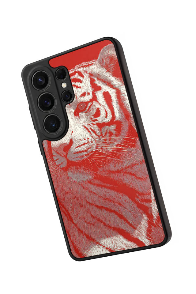 Samsung Galaxy S26 Ultra Uyumlu Kirmizi ve Kaplan Tasarımlı Glossy Premium Kılıf