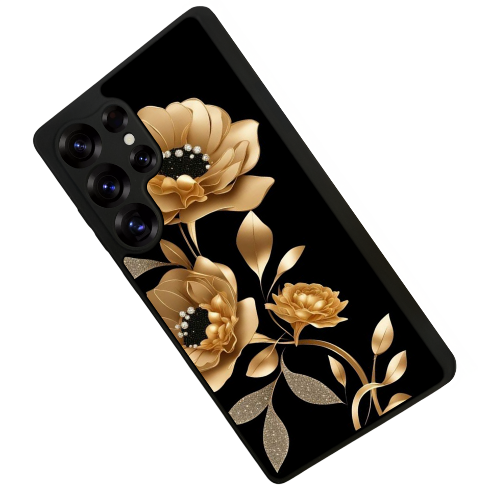 Samsung Galaxy S25 Ultra Uyumlu Yaldizli Cicek Tasarımlı Glossy Premium Kılıf