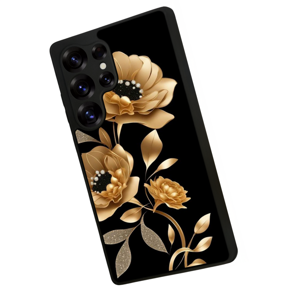 Samsung Galaxy S25 Ultra Uyumlu Yaldizli Cicek Tasarımlı Glossy Premium Kılıf