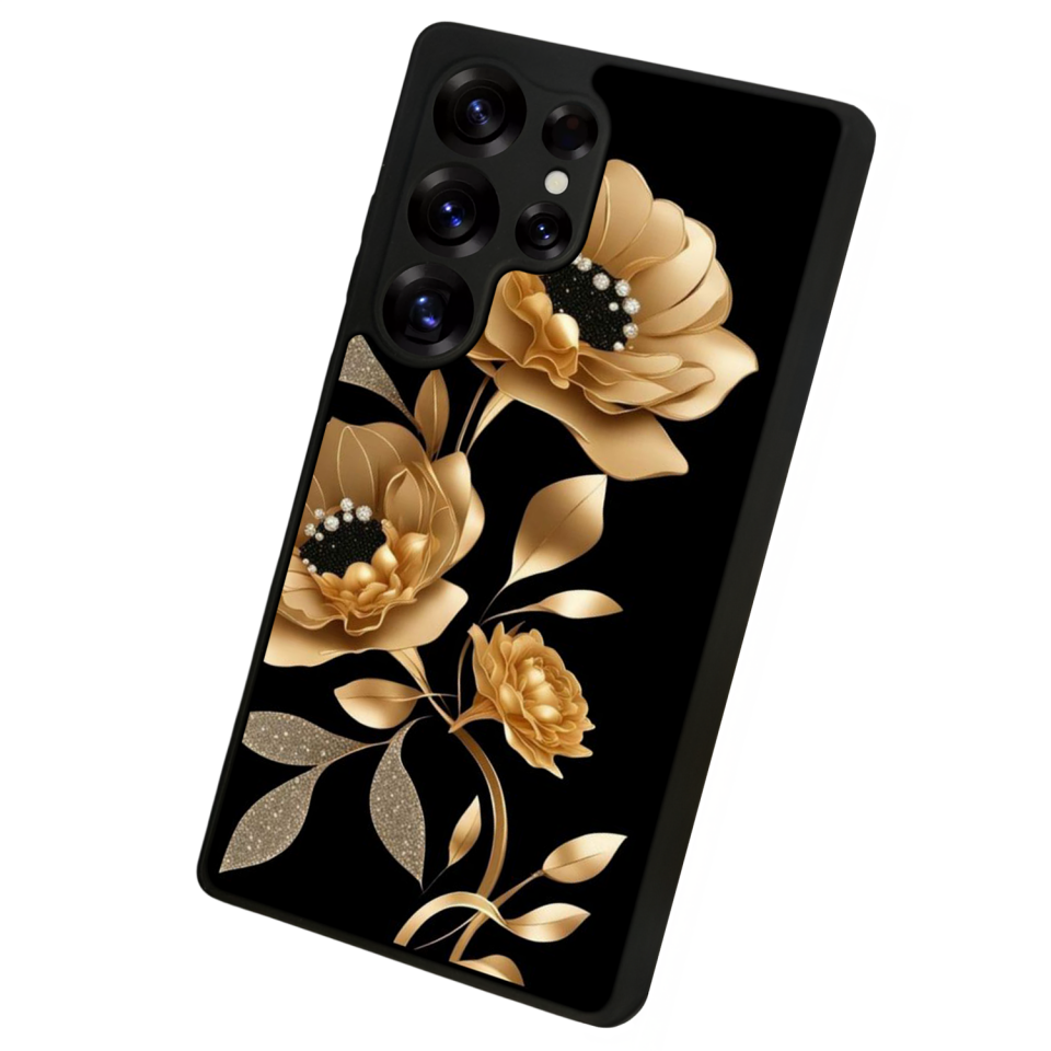 Samsung Galaxy S25 Ultra Uyumlu Yaldizli Cicek Tasarımlı Glossy Premium Kılıf