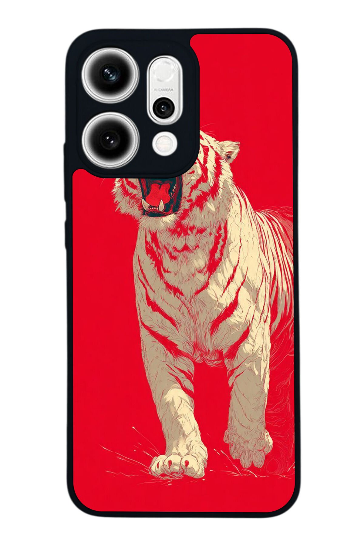 Oppo Reno 14 Uyumlu Kirmizi ve Kaplan Tasarımlı Glossy Premium Kılıf