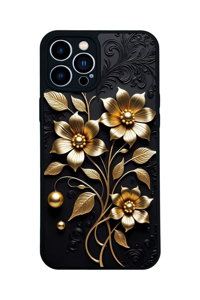 iPhone 12 Pro Max Uyumlu Yaldizli Cicek Tasarımlı Glossy Premium Kılıf