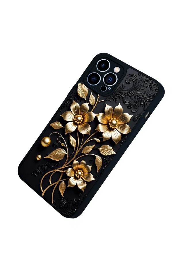 iPhone 12 Pro Max Uyumlu Yaldizli Cicek Tasarımlı Glossy Premium Kılıf