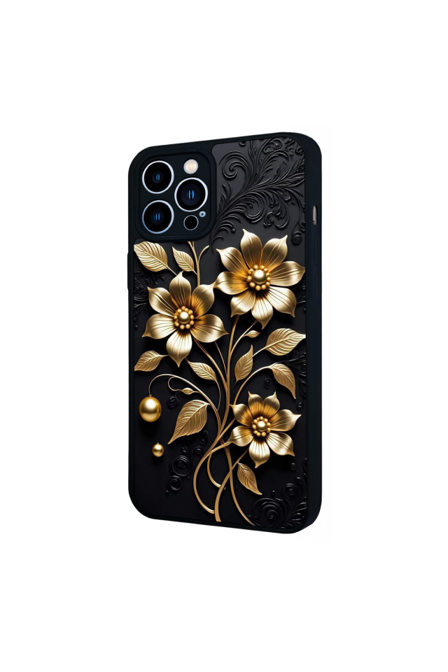 iPhone 12 Pro Max Uyumlu Yaldizli Cicek Tasarımlı Glossy Premium Kılıf