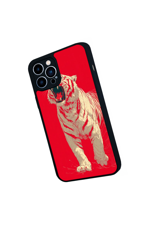 iPhone 12 Pro Max Uyumlu Kirmizi ve Kaplan Tasarımlı Glossy Premium Kılıf