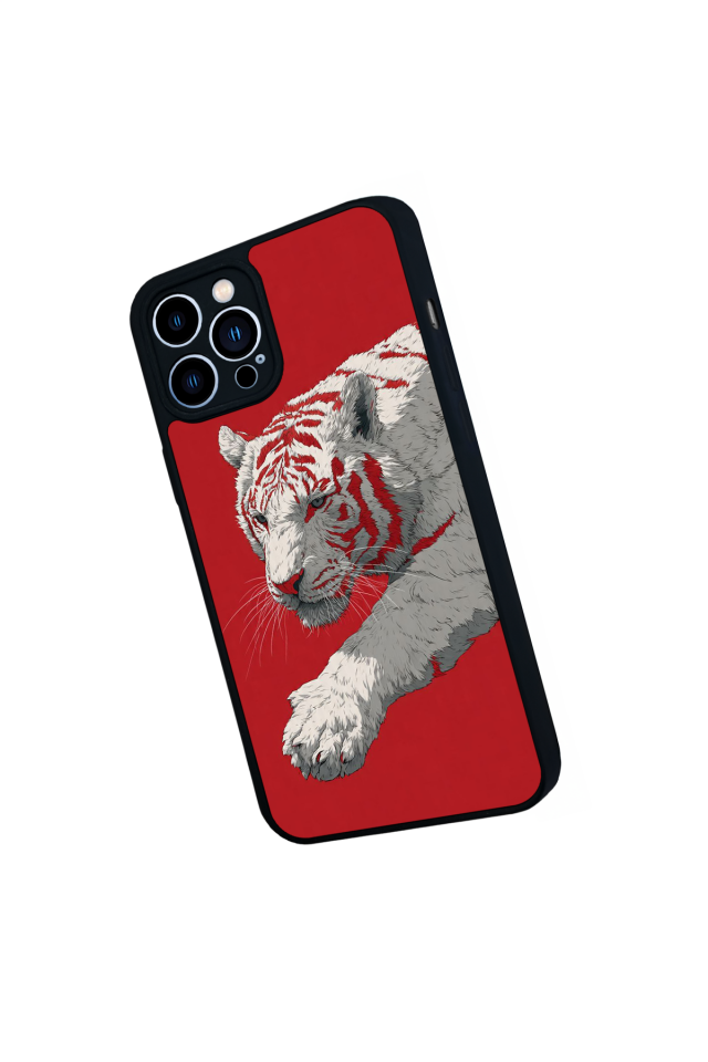 iPhone 12 Pro Max Uyumlu Kirmizi ve Kaplan Tasarımlı Glossy Premium Kılıf