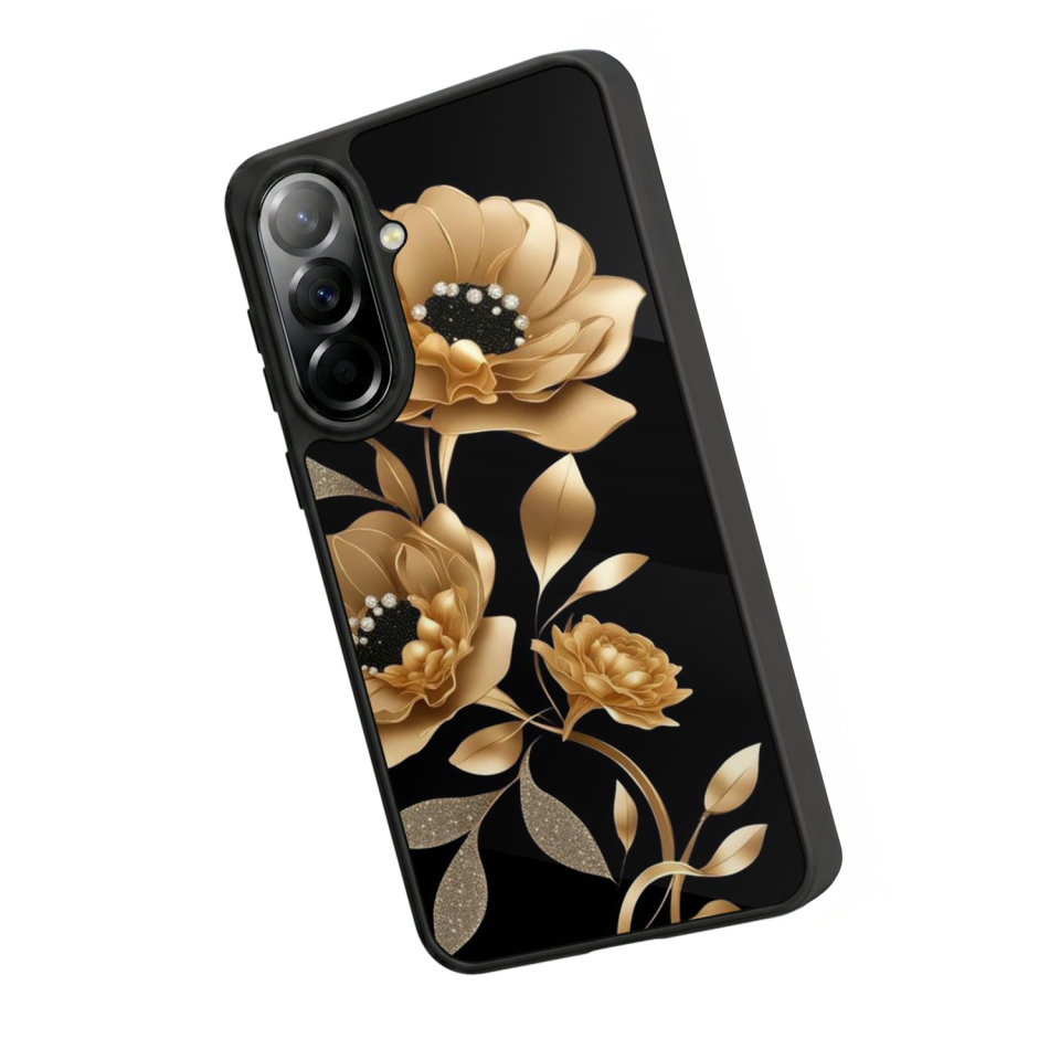 Samsung Galaxy A57 Uyumlu Yaldizli Cicek Tasarımlı Glossy Premium Kılıf