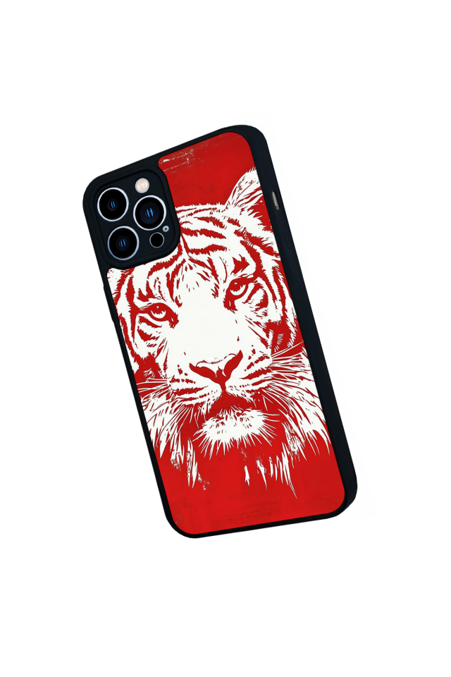 iPhone 12 Pro Max Uyumlu Kirmizi ve Kaplan Tasarımlı Glossy Premium Kılıf