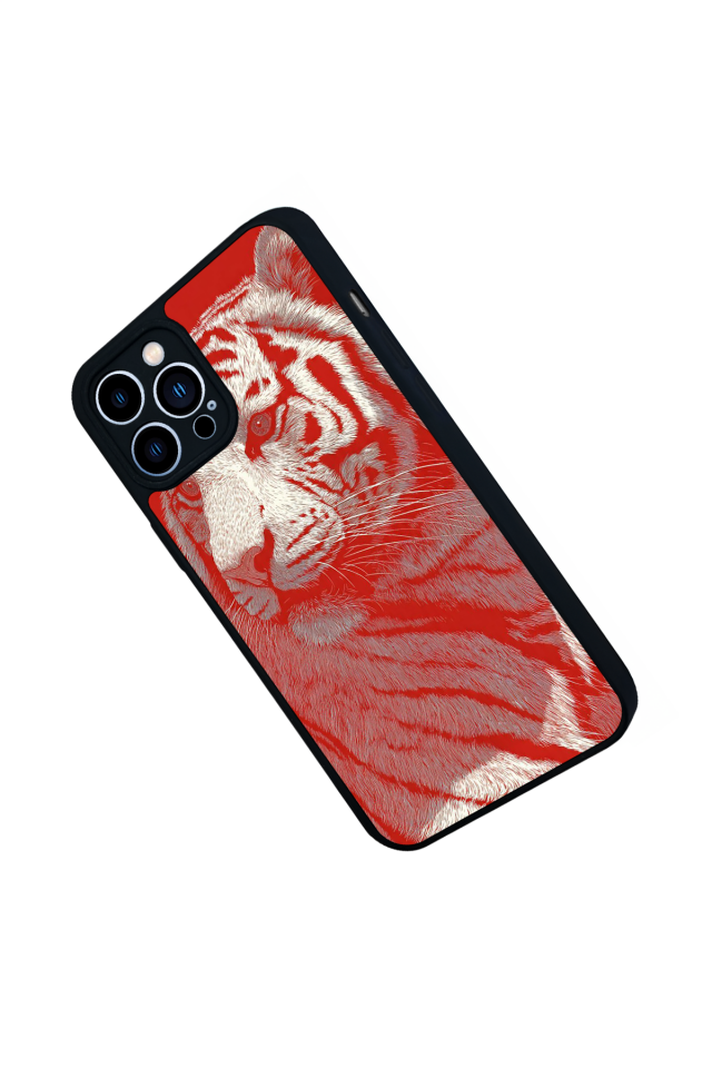 iPhone 12 Pro Max Uyumlu Kirmizi ve Kaplan Tasarımlı Glossy Premium Kılıf