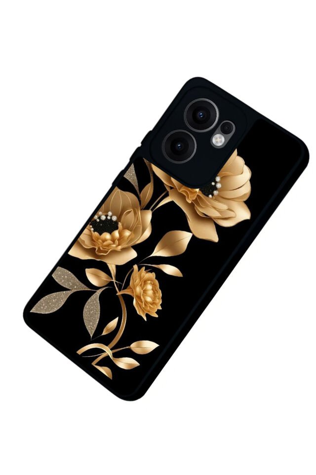 Oppo Reno 13F Uyumlu Yaldizli Cicek Tasarımlı Glossy Premium Kılıf