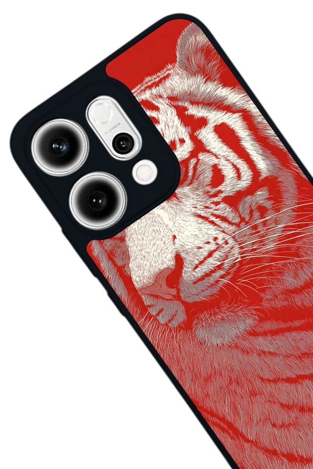 Oppo Reno 14 Uyumlu Kirmizi ve Kaplan Tasarımlı Glossy Premium Kılıf