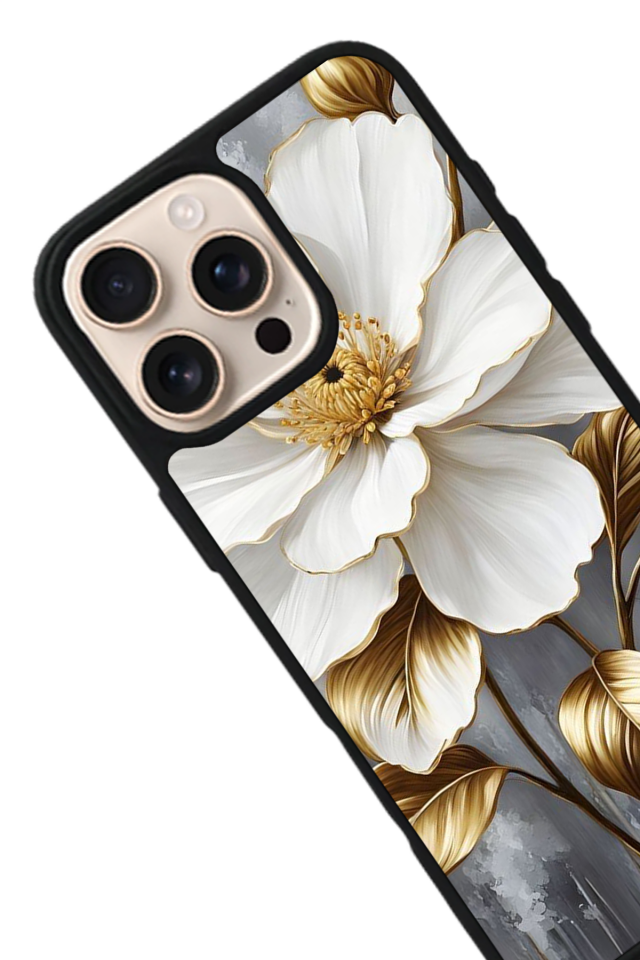 iPhone 15 Pro Uyumlu Yaldizli Cicek Tasarımlı Glossy Premium Kılıf