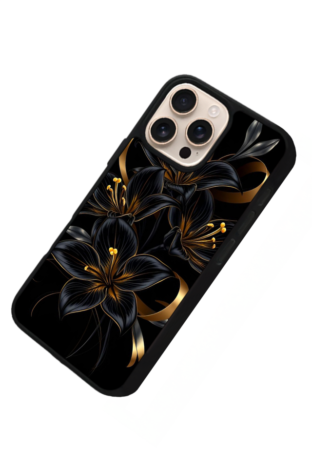 iPhone 15 Pro Uyumlu Yaldizli Cicek Tasarımlı Glossy Premium Kılıf