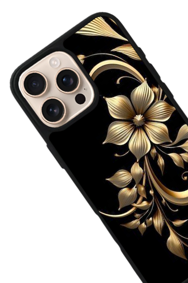 iPhone 15 Pro Uyumlu Yaldizli Cicek Tasarımlı Glossy Premium Kılıf