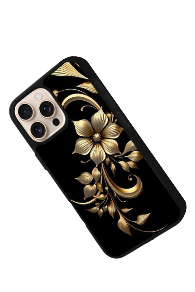iPhone 15 Pro Uyumlu Yaldizli Cicek Tasarımlı Glossy Premium Kılıf
