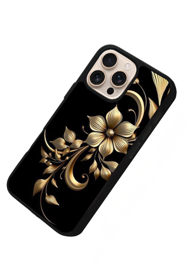 iPhone 15 Pro Uyumlu Yaldizli Cicek Tasarımlı Glossy Premium Kılıf