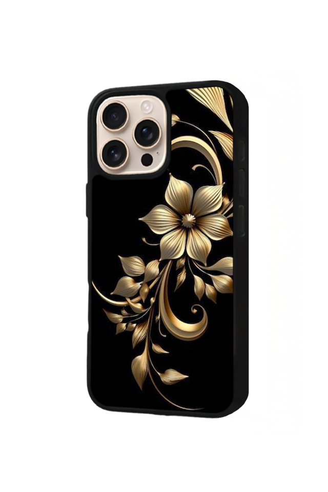 iPhone 15 Pro Uyumlu Yaldizli Cicek Tasarımlı Glossy Premium Kılıf
