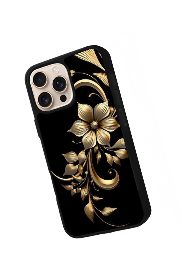 iPhone 15 Pro Uyumlu Yaldizli Cicek Tasarımlı Glossy Premium Kılıf