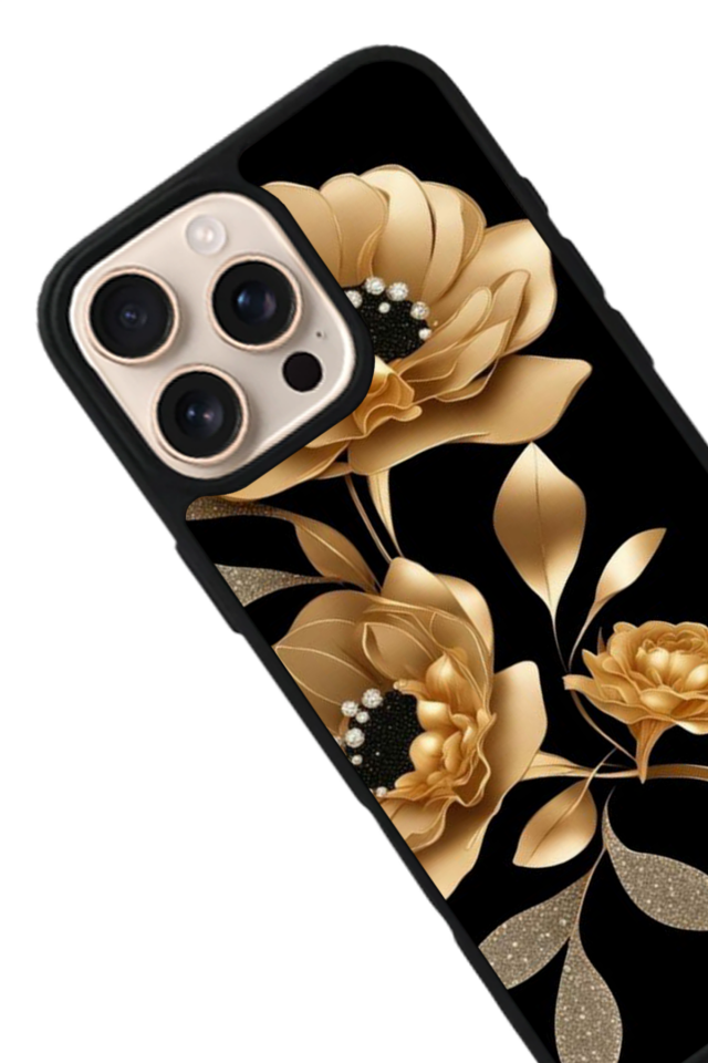 iPhone 15 Pro Uyumlu Yaldizli Cicek Tasarımlı Glossy Premium Kılıf