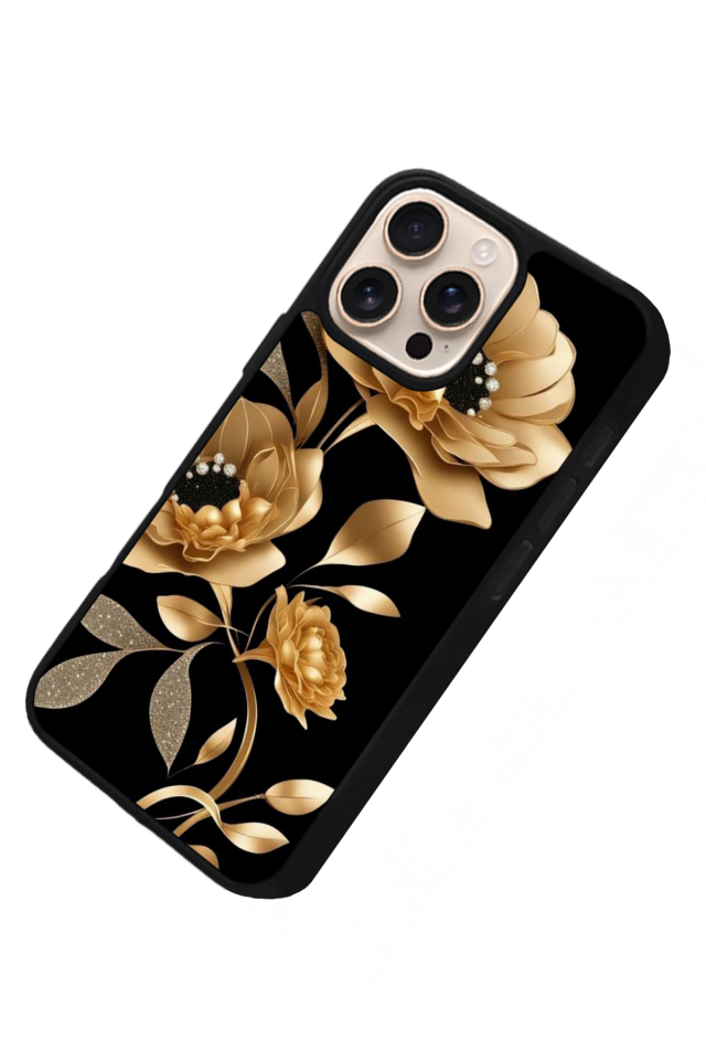 iPhone 15 Pro Uyumlu Yaldizli Cicek Tasarımlı Glossy Premium Kılıf
