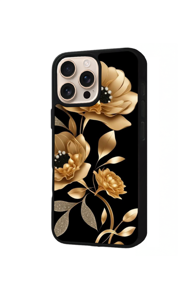 iPhone 15 Pro Uyumlu Yaldizli Cicek Tasarımlı Glossy Premium Kılıf