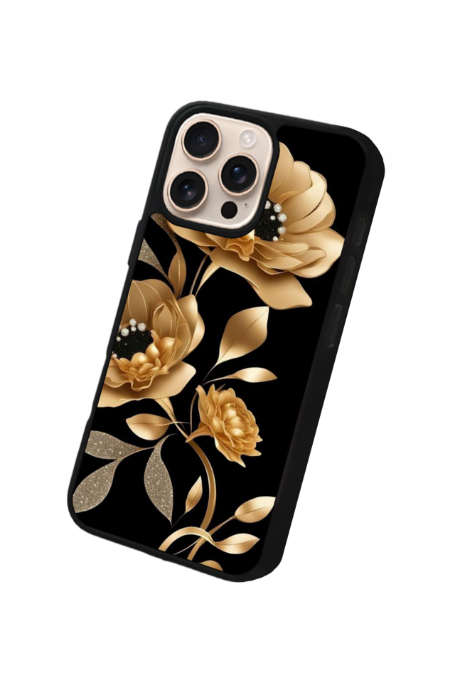 iPhone 15 Pro Uyumlu Yaldizli Cicek Tasarımlı Glossy Premium Kılıf