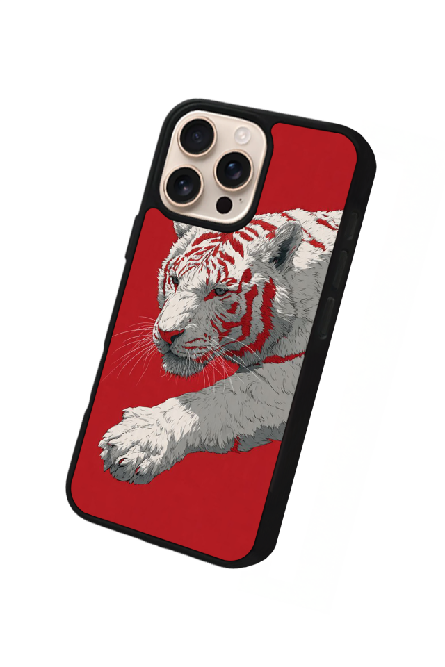 iPhone 15 Pro Uyumlu Kirmizi ve Kaplan Tasarımlı Glossy Premium Kılıf