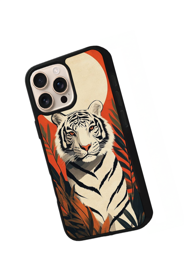 iPhone 15 Pro Uyumlu Kirmizi ve Kaplan Tasarımlı Glossy Premium Kılıf