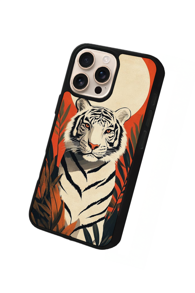 iPhone 15 Pro Uyumlu Kirmizi ve Kaplan Tasarımlı Glossy Premium Kılıf