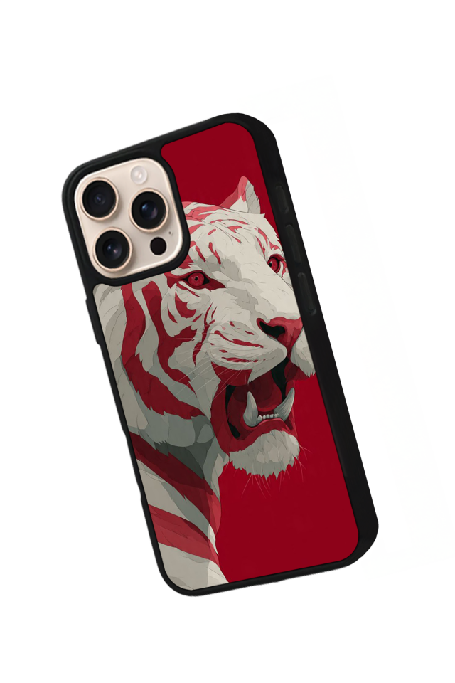 iPhone 15 Pro Uyumlu Kirmizi ve Kaplan Tasarımlı Glossy Premium Kılıf