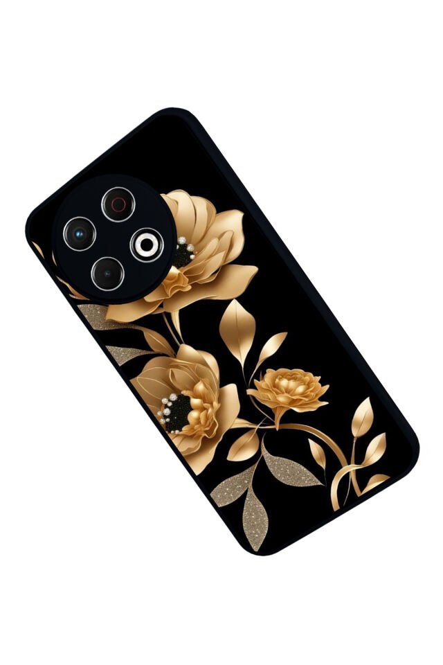 Tecno Spark 30 Pro Uyumlu Yaldizli Cicek Tasarımlı Glossy Premium Kılıf