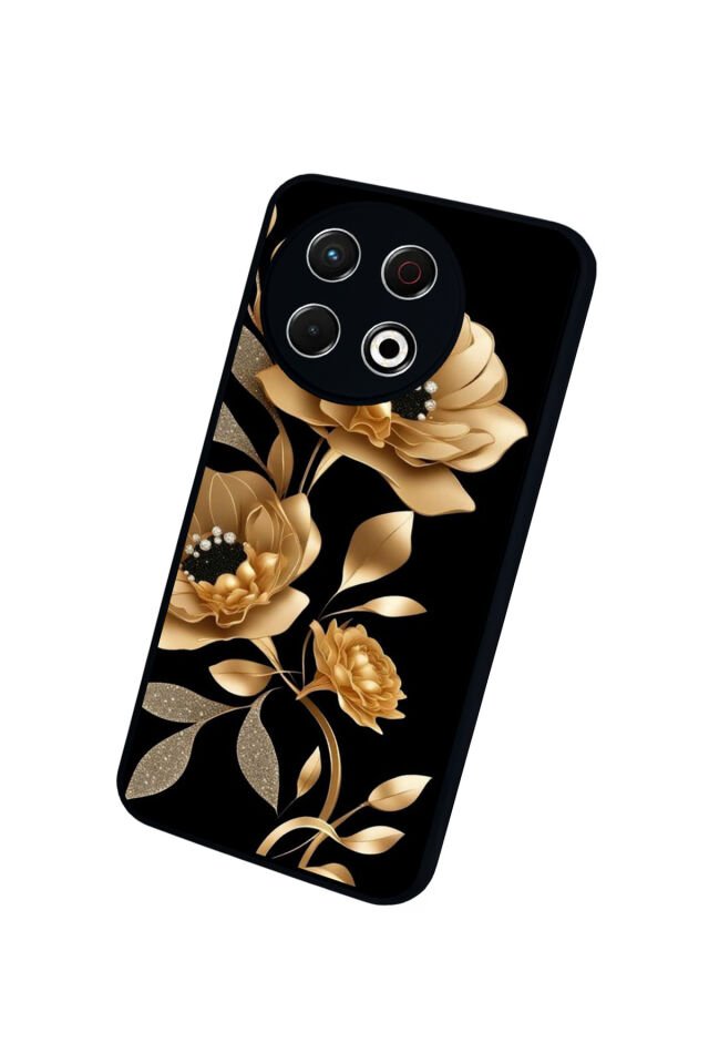 Tecno Spark 30 Pro Uyumlu Yaldizli Cicek Tasarımlı Glossy Premium Kılıf