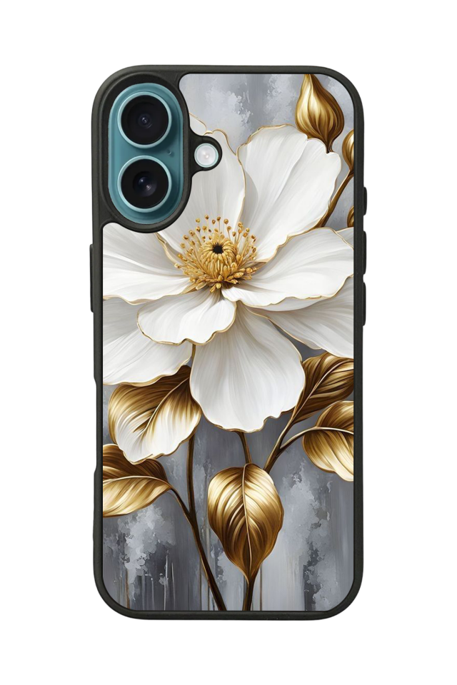 iPhone 16 Plus Uyumlu Yaldizli Cicek Tasarımlı Glossy Premium Kılıf